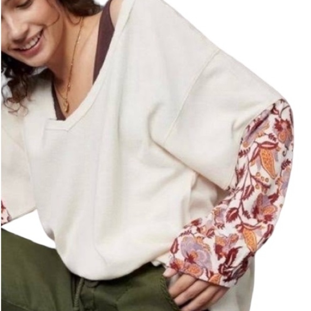 ANTHROPOLOGIE ANNETTE THERMAL WAFFLE KNIT V-NECK FLORAL PAISLEY SLEEVE SHIRT XS